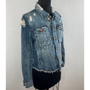 Blank NYC Reworked Distressed Raw Hem Denim Jean Jacket Sneak Peek Blue Cotton S